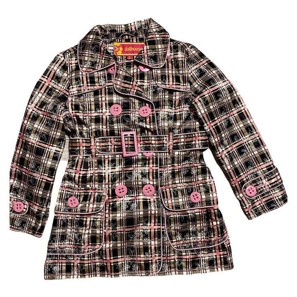 Dollhouse Girl's Pink and Brown Plaid Light Weight Raincoat Size 6X
